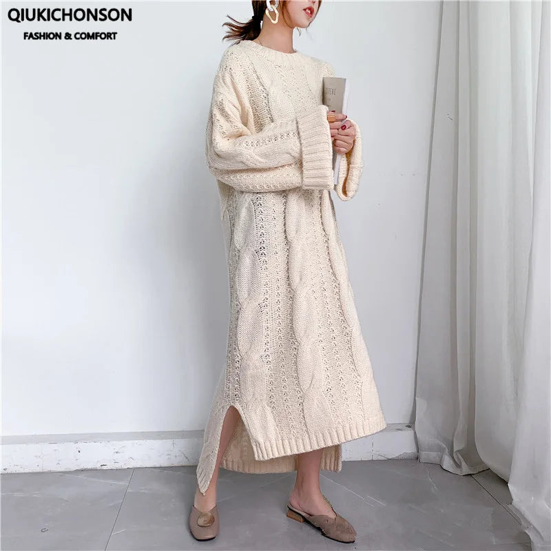 Mohair Oversize Thick Autumn Winter Sweater Dress Women 2020 Side Slit Vintage Twist Pattern Low High Design Knitted Long Dress