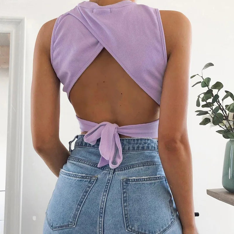 Sexy backless women tank top bandage slim crop top summer 2024 casual streetwear tops solid cotton soft criss cross top