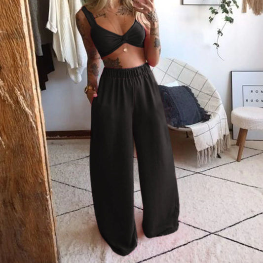 2 Piece Set Summer Women Boho Beach Outfits Solid Sleeveless Crop Camis +wide Leg Long Pants Two Piece Suit Women Outfits Female