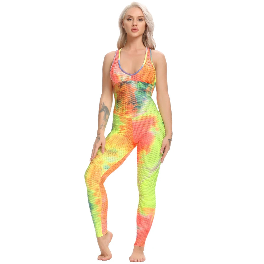 INFILAR Sleevelss Women Sport Jumpsuits Backless Crossciss Strap One Piece Sets Fitness Yoga Pants Tie Dye Bodysuit Women Romper