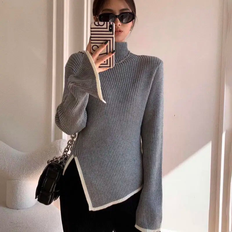 Turtleneck Women Sweater 2021 Autumn Winter New Side Slit Pullover Tops Korean Fashion Knit Sweaters Long Flare Sleeve Basic