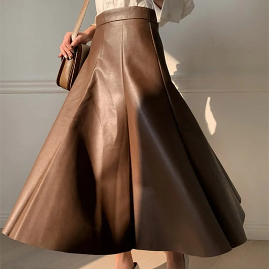 Neophil Chic Ladies Latex Flare Black Skirts Vintage Pu Faux Leather Ball Gown Long Skirt Thick Party A-Line Swing Faldas S21836