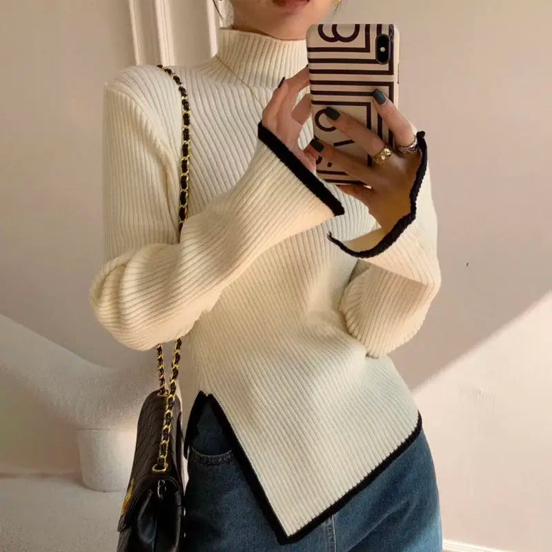 Turtleneck Women Sweater 2021 Autumn Winter New Side Slit Pullover Tops Korean Fashion Knit Sweaters Long Flare Sleeve Basic