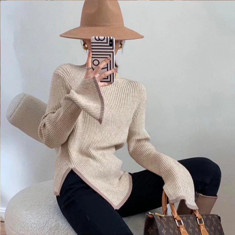 Turtleneck Women Sweater 2021 Autumn Winter New Side Slit Pullover Tops Korean Fashion Knit Sweaters Long Flare Sleeve Basic