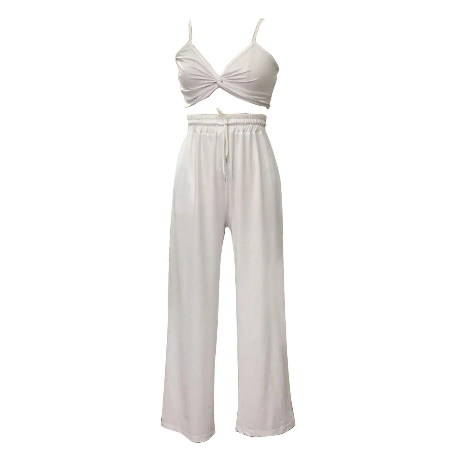 2 Piece Set Summer Women Boho Beach Outfits Solid Sleeveless Crop Camis +wide Leg Long Pants Two Piece Suit Women Outfits Female