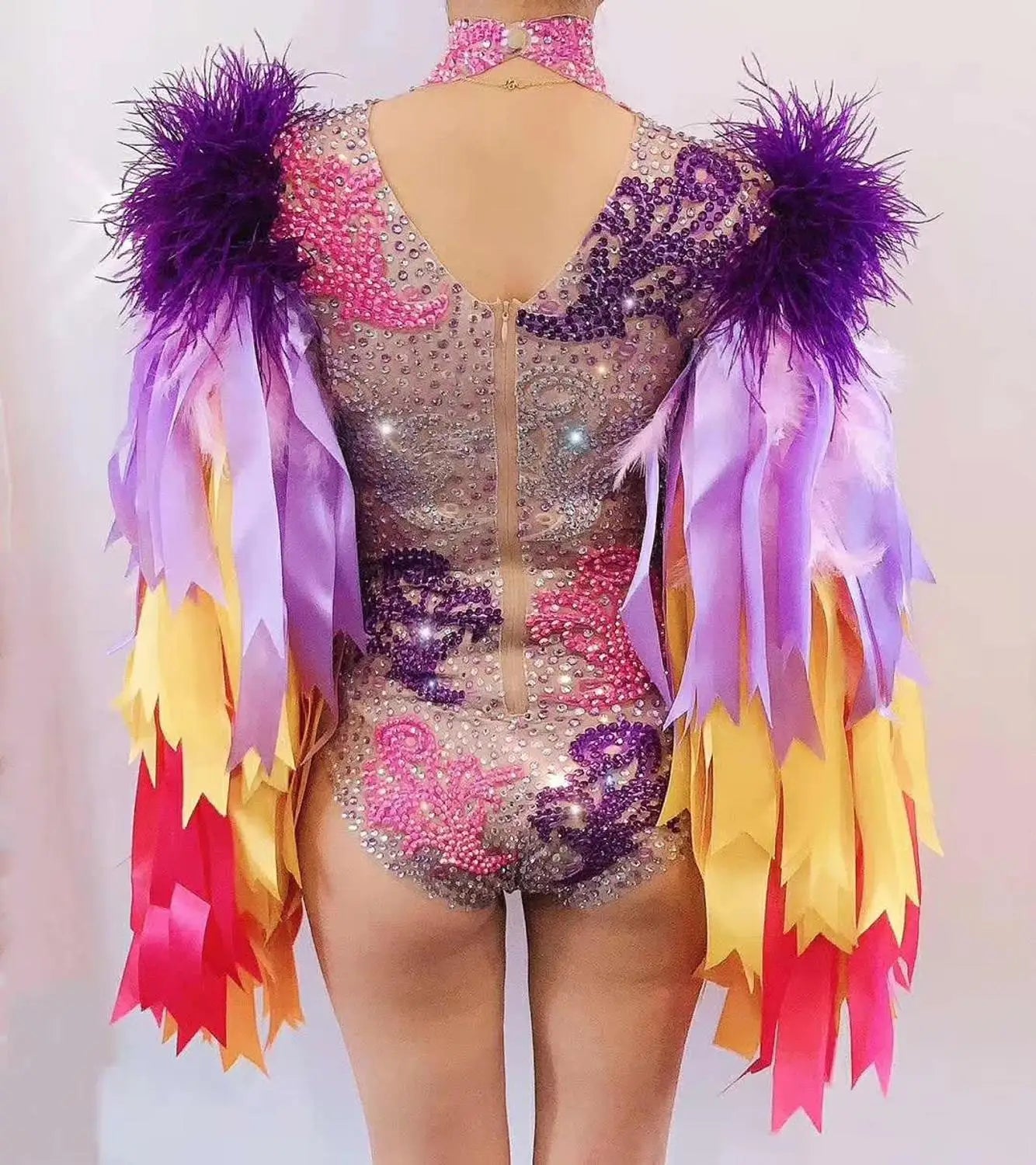 Fashion Stage Wear Ribbon Strip Feather Sleeve Rhinestone Bodysuit Women Nightclub Bar Party Outfit Performance Dance Costume