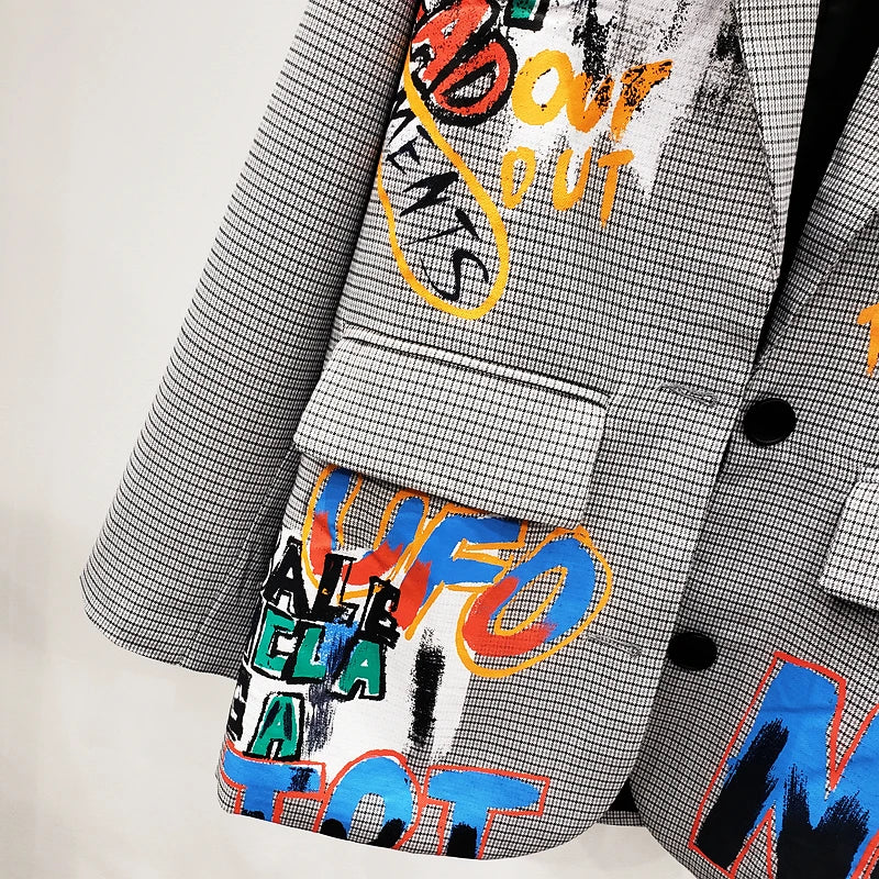 Nuevo traje a cuadros de la moda de otoño blazer mujer letra graffiti estampado de ropa zafonal