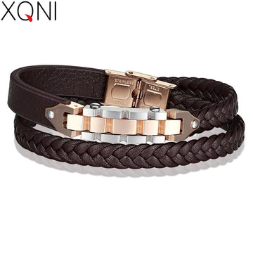 XQNI Bicycle Chain with Toggle-clasps Combination Stainless Steel Genuine Leather Bracelet For Men Brown Rope Chain For Gift