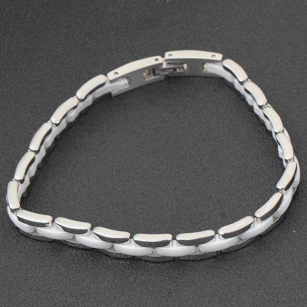 VQYSKO 20cm White  Ceramic Bracelet Bangle Stainless Steel Chain Link Bracelet Women And Men Jewelry