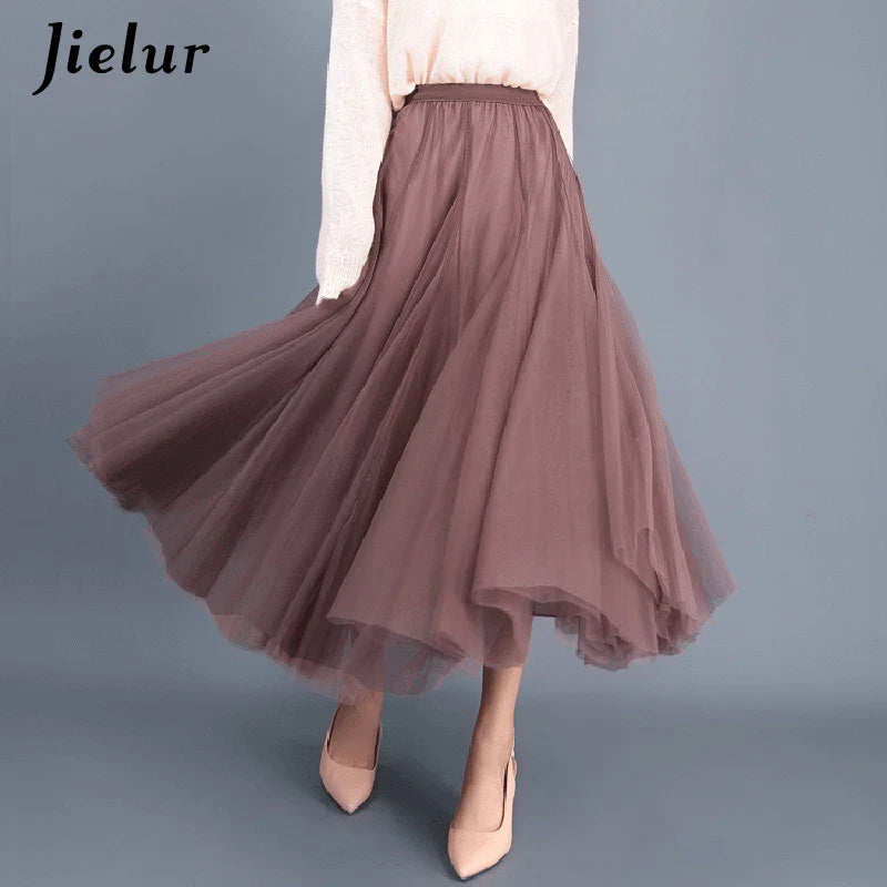 Jielur Skirts Womens Autumn 3 Layers Princess Tulle Mesh Pleated Skirt Saia Female Jupe Summer Tutu Skirts Faldas Mujer Moda