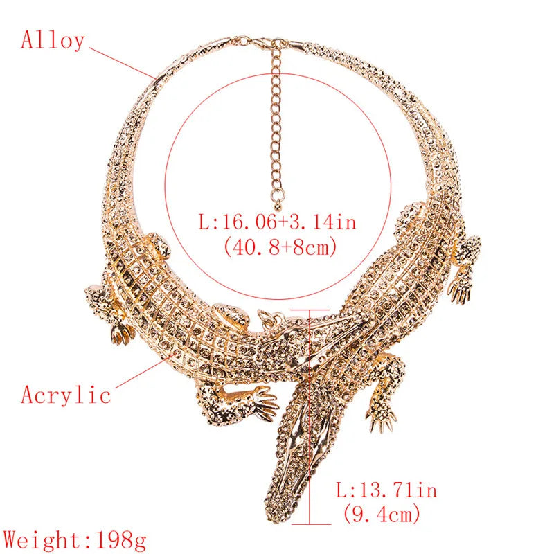 Ahmed New Design Exaggerated Punk Full Crystal Crocodile Necklace for Women Fashion Trending Statement Necklace Collar Bijoux