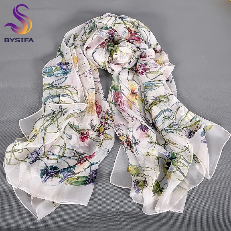 [BYSIFA] White 100% Silk Scarf Cape Fashion Floral Design Long Scarves Women Summer Utralong Beach Shawl Winter Scarves180*110cm