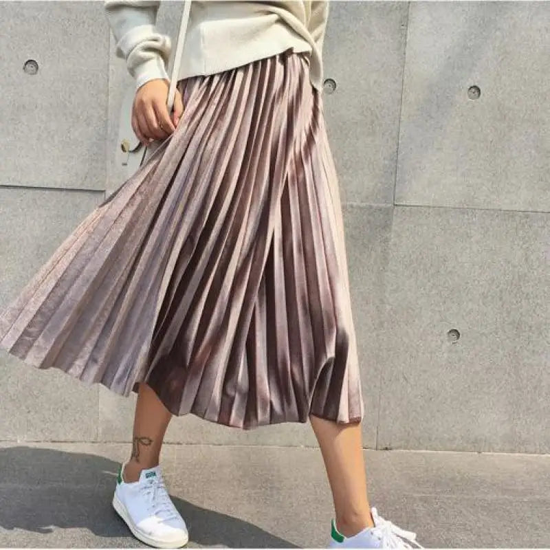 Frühling 2024 Frauen langer Metallic Silber Maxi Faltenrock Midi Rock High Taille Elascity Casual Party Rock