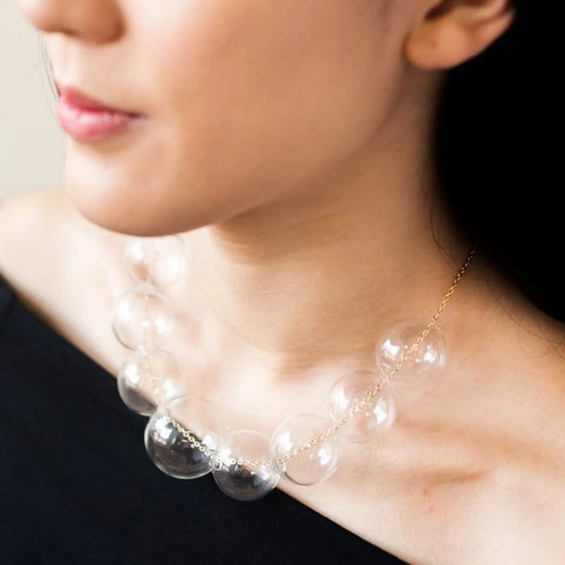 French ElegantMulti-layer  Clear 9 Glass Bubble Beads Necklace Women  Style Statement Pearl Ball Femme Bijoux