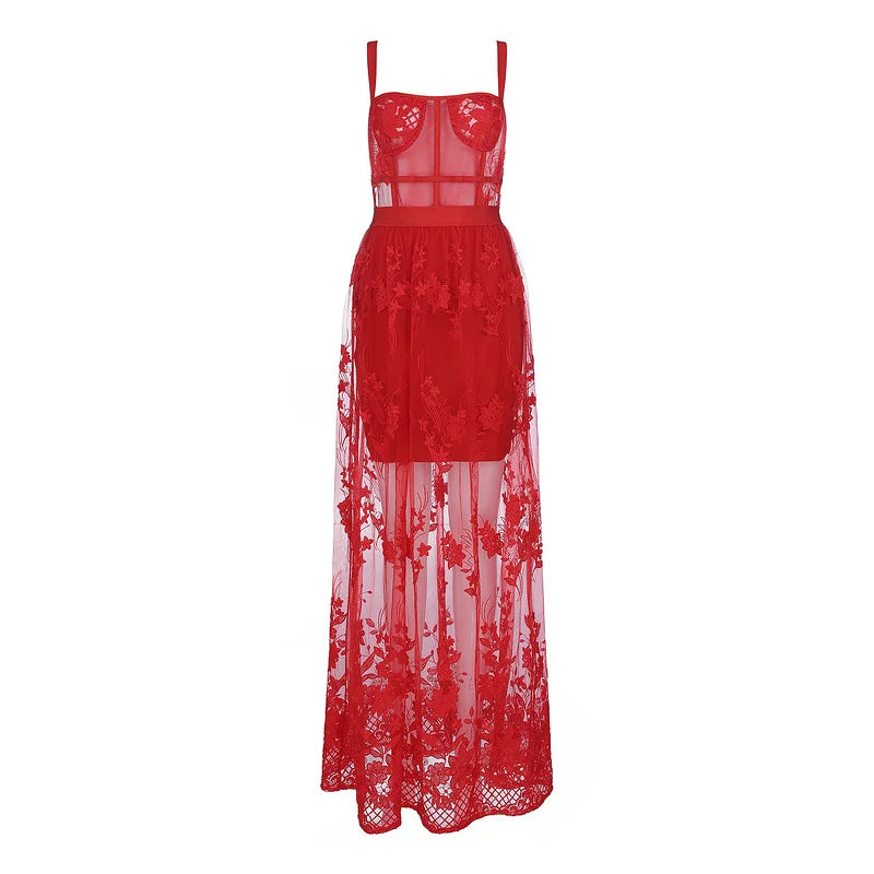 High Quality Red Lace Sleeveless Hollow Out Long Rayon Bandage Dress Evening Party Cute Dress