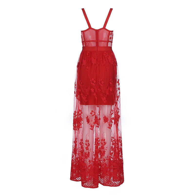 High Quality Red Lace Sleeveless Hollow Out Long Rayon Bandage Dress Evening Party Cute Dress