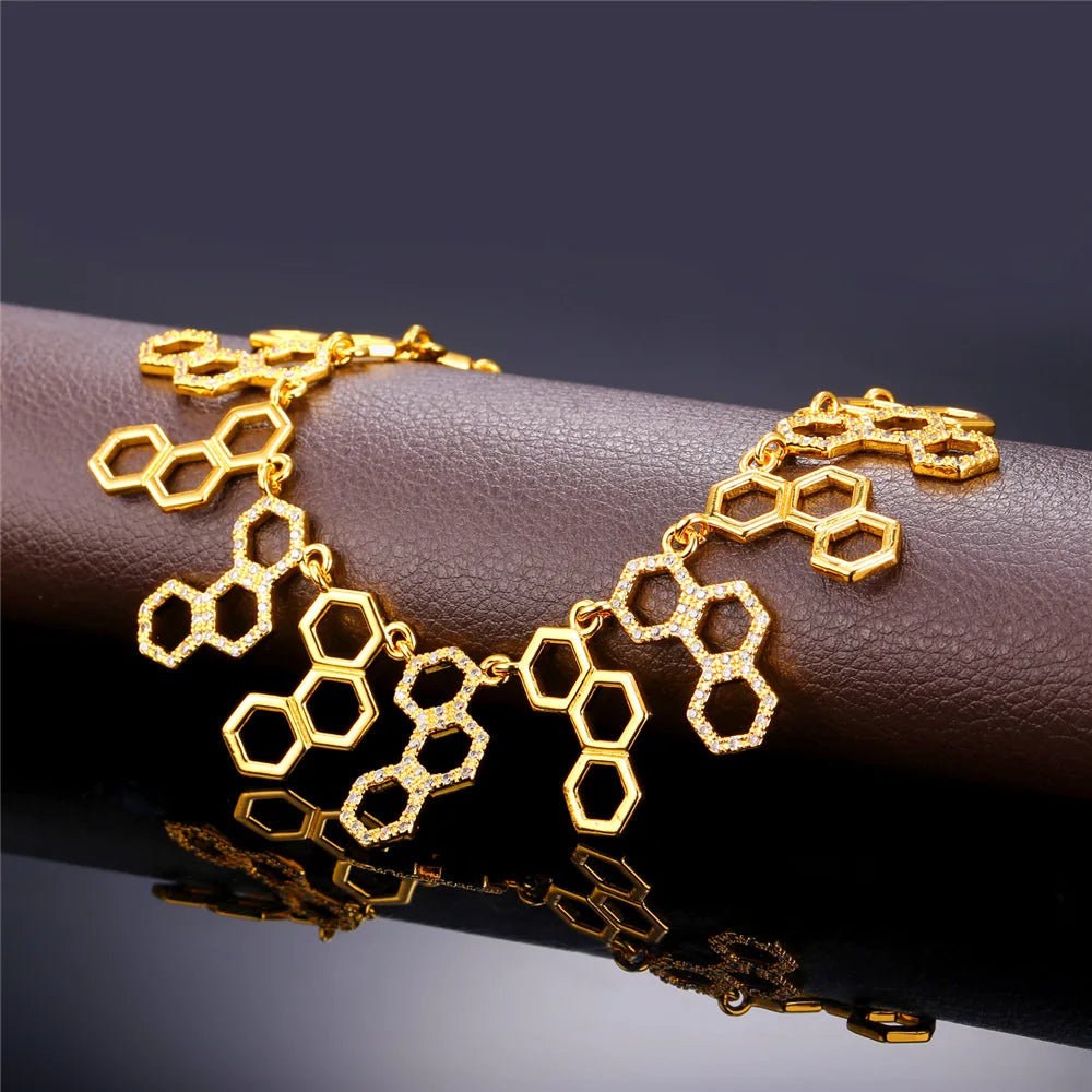 U7 Hexagonal Jewelry New Trendy Molecule Necklace For Women Gold Color Party Statement H2O Necklace  N546