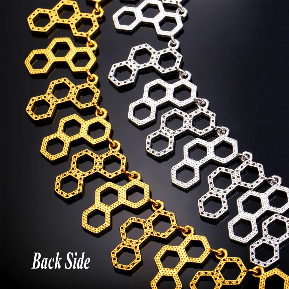 U7 Hexagonal Jewelry New Trendy Molecule Necklace For Women Gold Color Party Statement H2O Necklace  N546