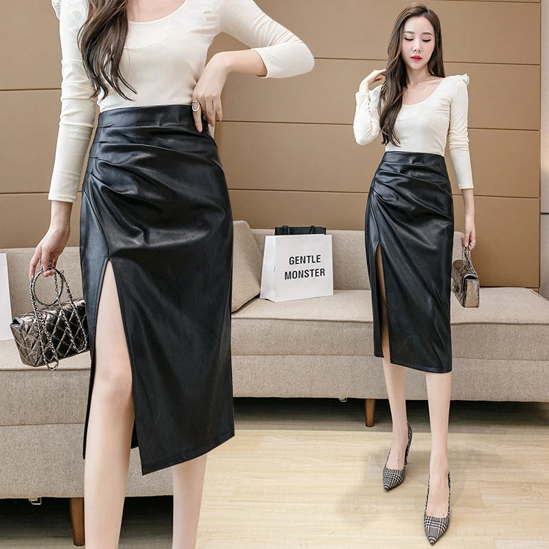 Black PU Leather Skirt Women 2021 Spring Autumn Midi Sexy High Waist Bodycon Split Skirts Office Pencil Skirt Knee Length Saia