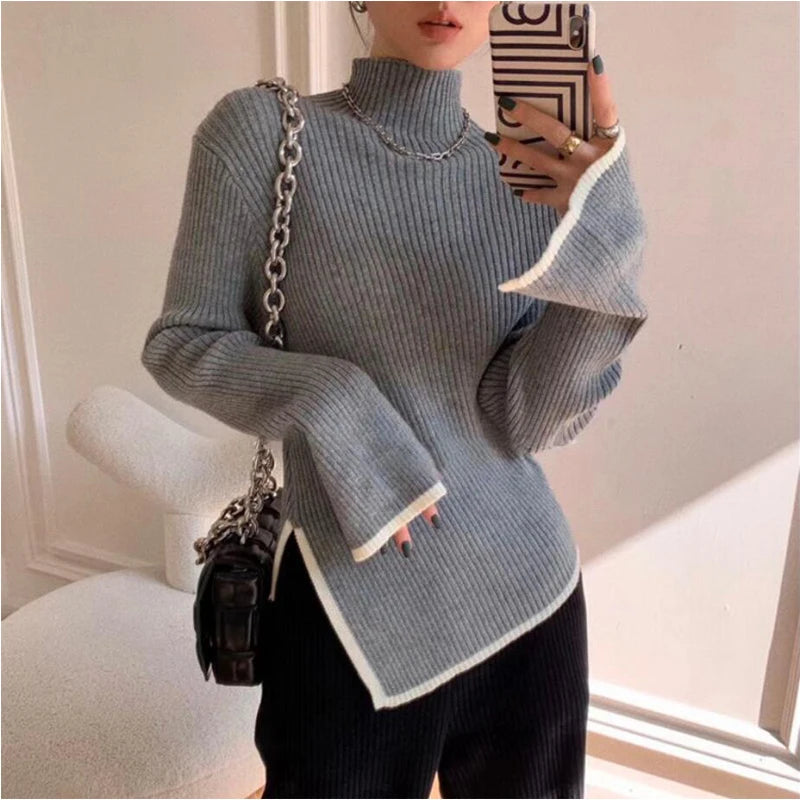 Turtleneck Women Sweater 2021 Autumn Winter New Side Slit Pullover Tops Korean Fashion Knit Sweaters Long Flare Sleeve Basic