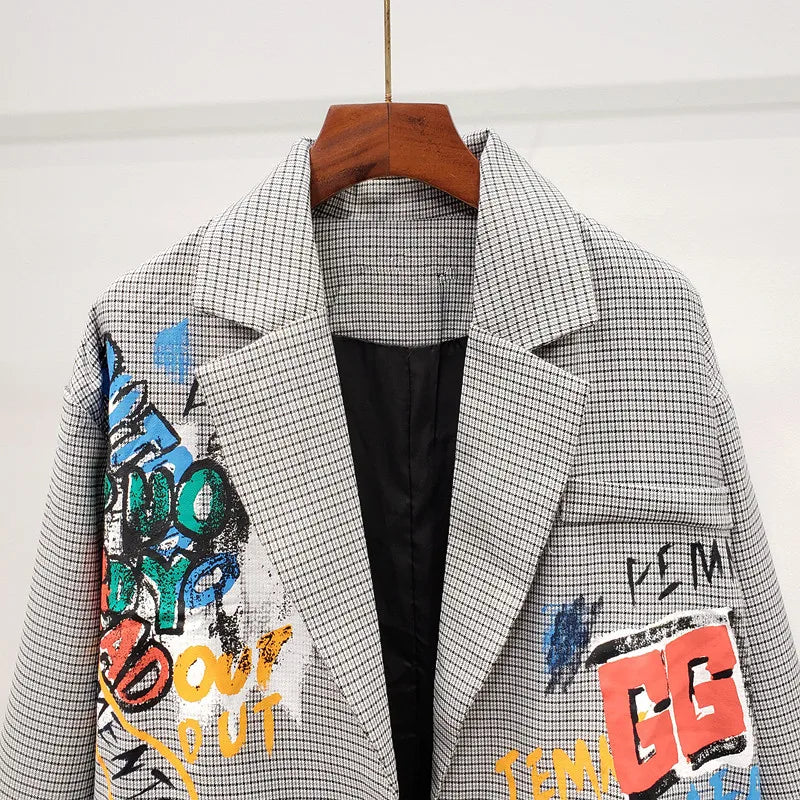 Nuevo traje a cuadros de la moda de otoño blazer mujer letra graffiti estampado de ropa zafonal