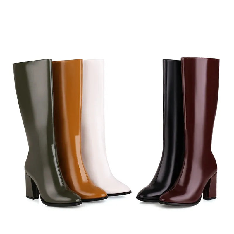 Elegant Knee High Boots Women 2024 Autumn Winter Women's High Boots Zipper Heels White Green Long Shoes Ladies Large Size 48