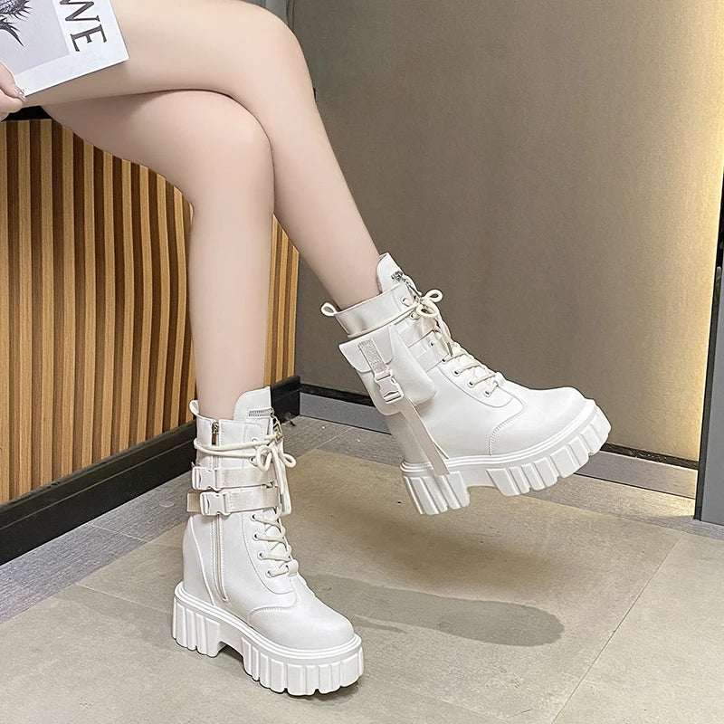 Winter Warm Ankle Boots for Women Leather Short Boots Round Toe High Platform Fur Motorcycle Boots Thick Heel Sneakers Shoe 10cm