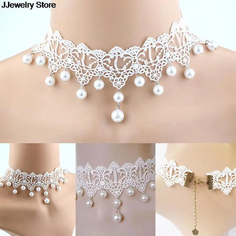 Fashion Elegant Vintage Imitation Pearl White Lace Statement Choker Necklaces Bridal Jewelry For Women Wedding Silver