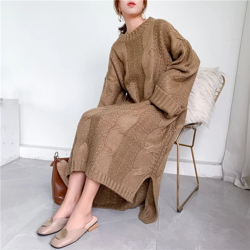 Mohair Oversize Thick Autumn Winter Sweater Dress Women 2020 Side Slit Vintage Twist Pattern Low High Design Knitted Long Dress