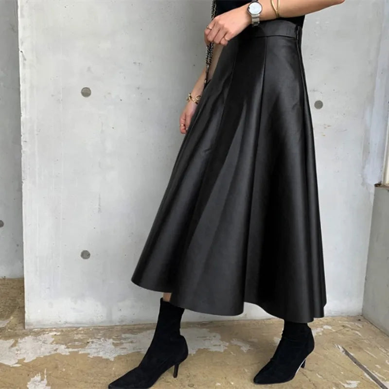 Neophil Chic Ladies Latex Flare Schwarze Röcke Vintage PU Kunstlederballkleid Langer Rock Dicke Party A-Line Swing Faldas S21836