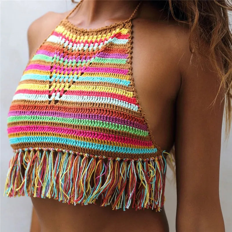 Listras de cores de crochê feitas à mão no top holi top de biquíni top beach feminino tamel taps de moda de banho