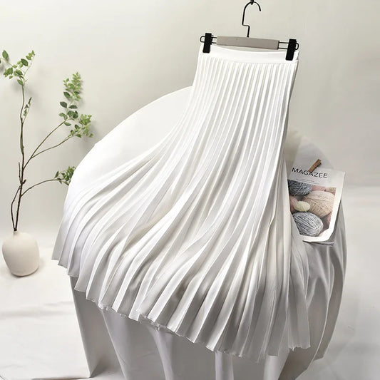 2023 Women High Quality Autumn A-line Pleated Skirt Saia Stretch Waist Top Brand White Long Skirt Faldas Jupe Femme Maxi Skirts
