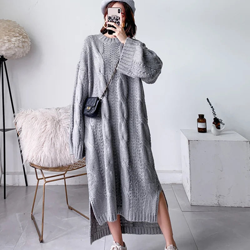 Mohair Oversize Thick Autumn Winter Sweater Dress Women 2020 Side Slit Vintage Twist Pattern Low High Design Knitted Long Dress