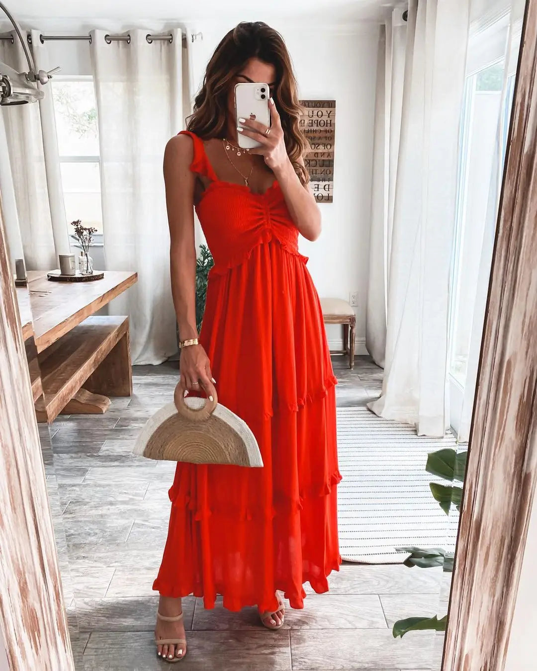 Sommer solide Tunika Frauen Maxi Kleid gegen Hals weibliche elegante Rüschen Party Langes Kleider Strand Spaghetti -Gurt lässige Sonnenbringer