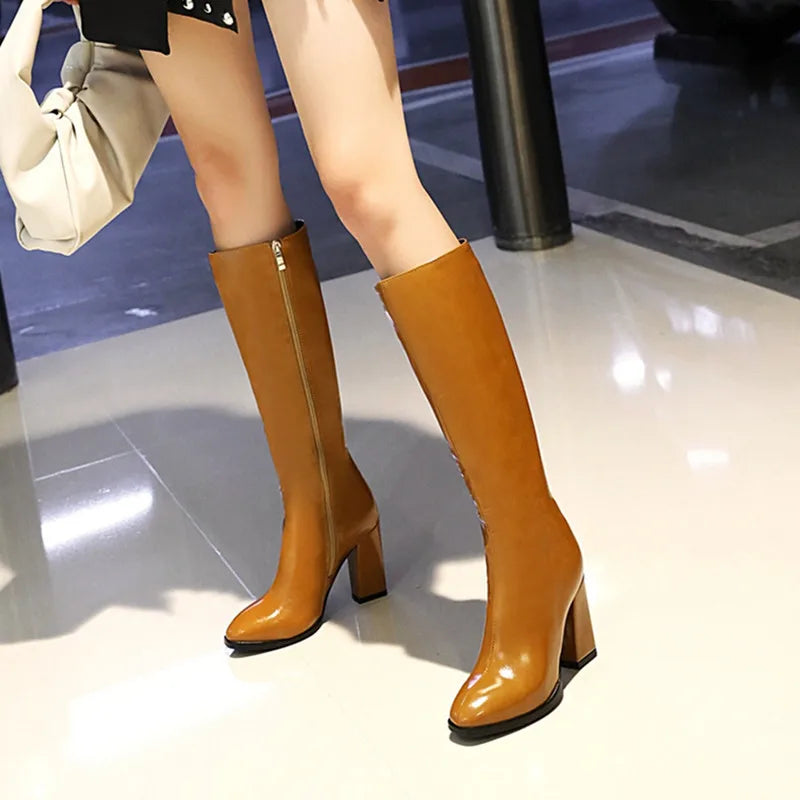 Elegant Knee High Boots Women 2024 Autumn Winter Women's High Boots Zipper Heels White Green Long Shoes Ladies Large Size 48