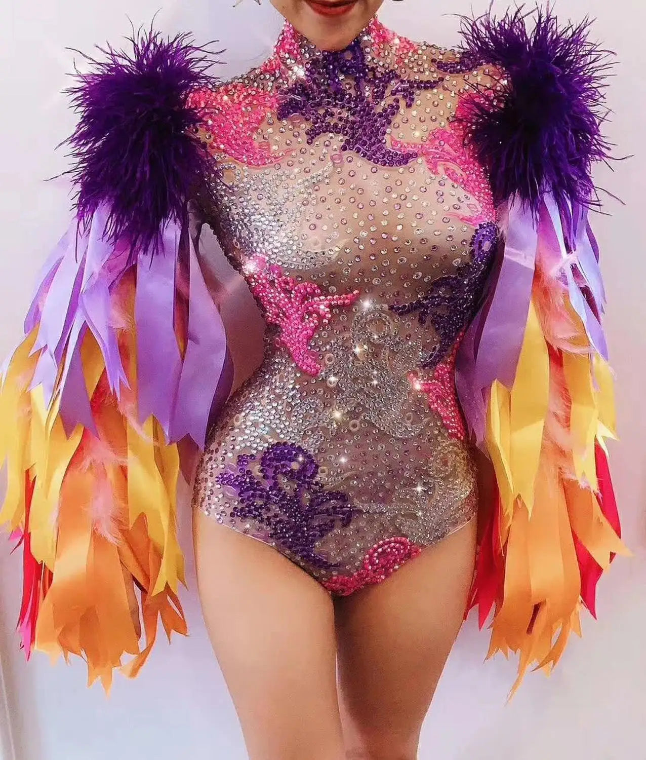 Fashion Stage Wear Ribbon Strip Feather Sleeve Rhinestone Bodysuit Women Nightclub Bar Party Outfit Performance Dance Costume