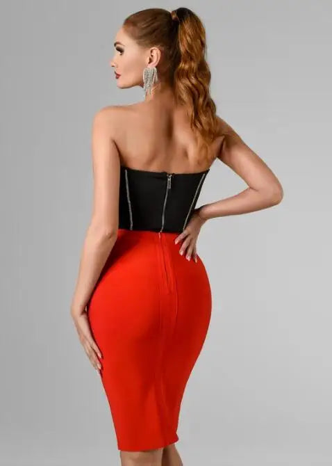 Rote schwarze Damen Hl Verbandkleid trägerloser sexy 2 Stück Bodycon Mini Kleid von der Schulter Mädchen Geburtstagsfeier Kleid