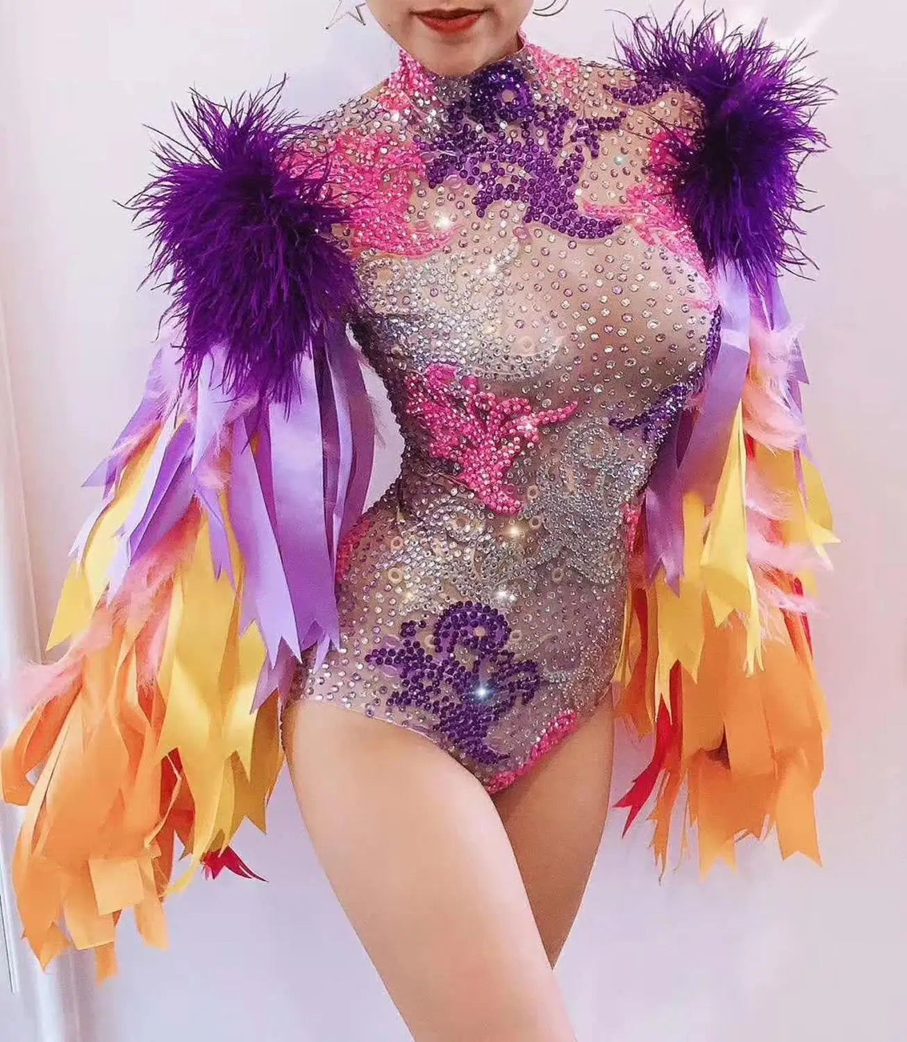 Fashion Stage Wear Ribbon Strip Feather Sleeve Rhinestone Bodysuit Women Nightclub Bar Party Outfit Performance Dance Costume