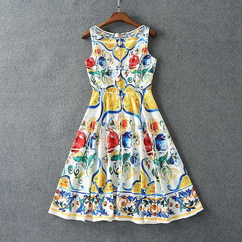 Luxury Designer Fashion Women's  Midi Dress WIth Multicolor Floral Print Summer Clothing  for Holiday Party Vacation 2024