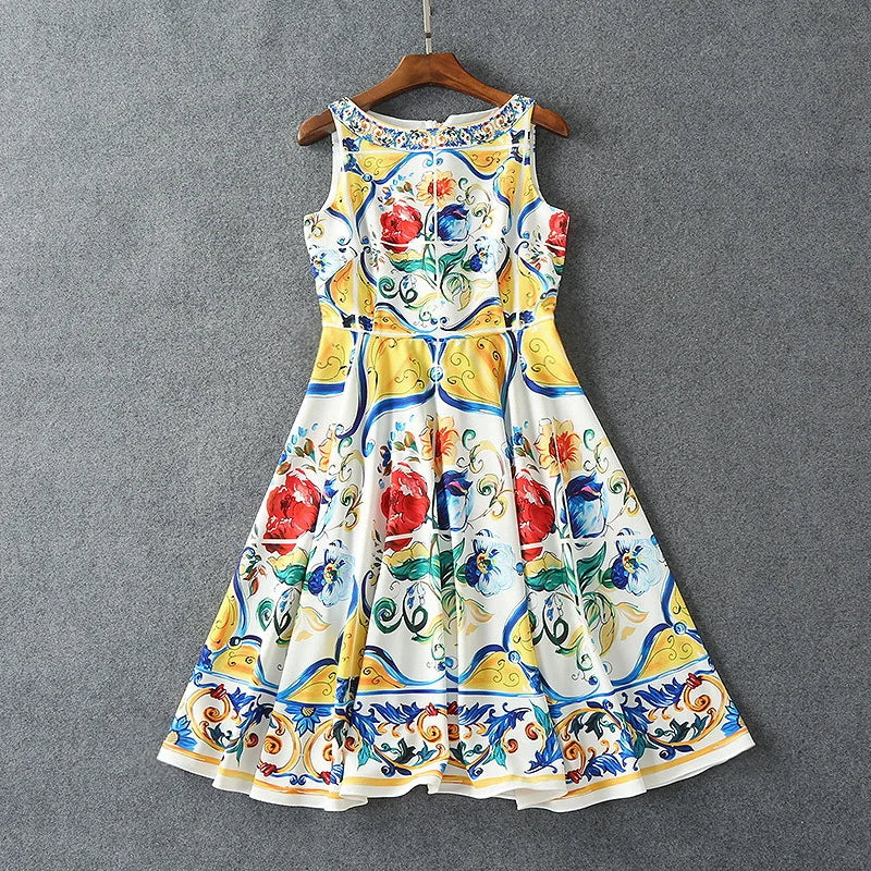 Robe midi pour femmes de la mode de luxe avec des vêtements d'été à imprimé floral multicolore pour les vacances de fête 2024