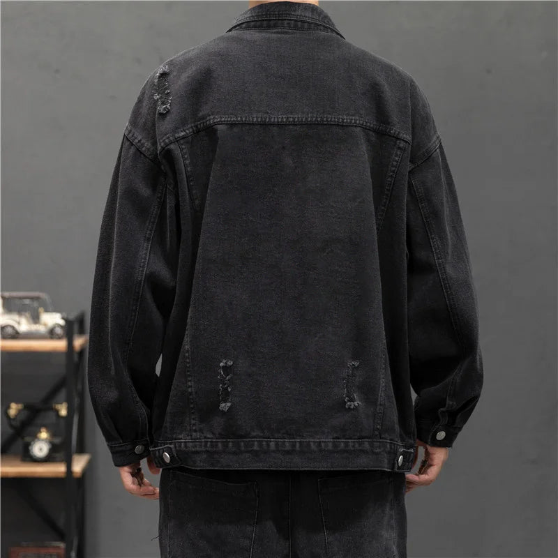 2023 Spring Autumn Mens Denim Jacket Cotton Hole Jeans Jackets Men Coat Loose Casaul Denim Streetwear Hip Hop Jean Jackets Coat