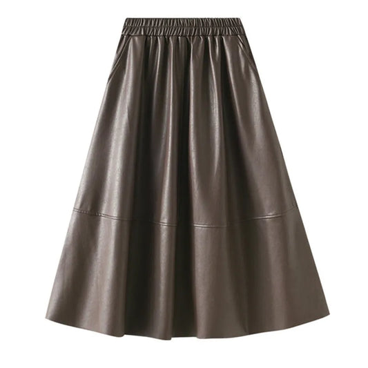 Neophil Korean Style Latex Sarong Women Winter Skirts Solid 2023 Retro Pu Faux Leather Umbrella Pockets Gray Midi Skirt S211101