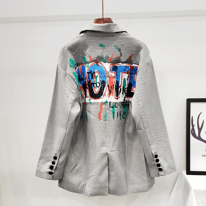 Nuevo traje a cuadros de la moda de otoño blazer mujer letra graffiti estampado de ropa zafonal