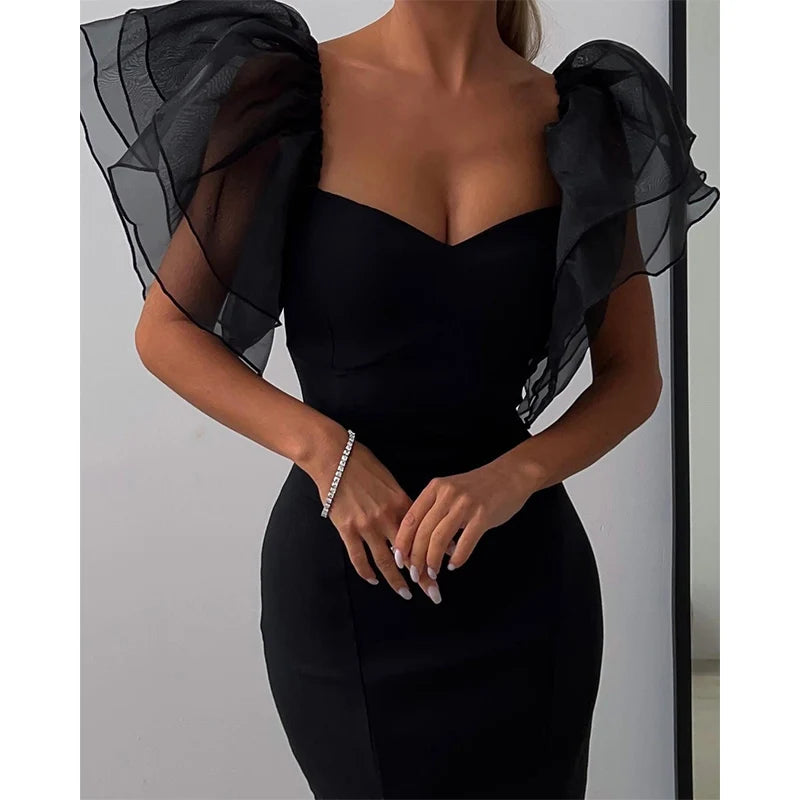 Mesh Butterfly Sleeve Shath Bodycon Kleid Frauen Square Hals Midi Robe Femme Solid Black Vestidos Mujer Sexy Dame Party Kleider