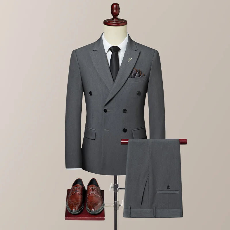 Double breasted British (suit + vest + trousers) Bridegroom wedding slim dress casual fashion handsome three-piece set