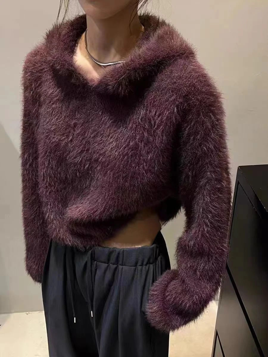 Gothic Chic Faux Mink Hooded Sweater Women Fluffy Soft Knit Hoodie Y2k Short Tops Streetwear Knit Pullover Long Sleeves Jumper