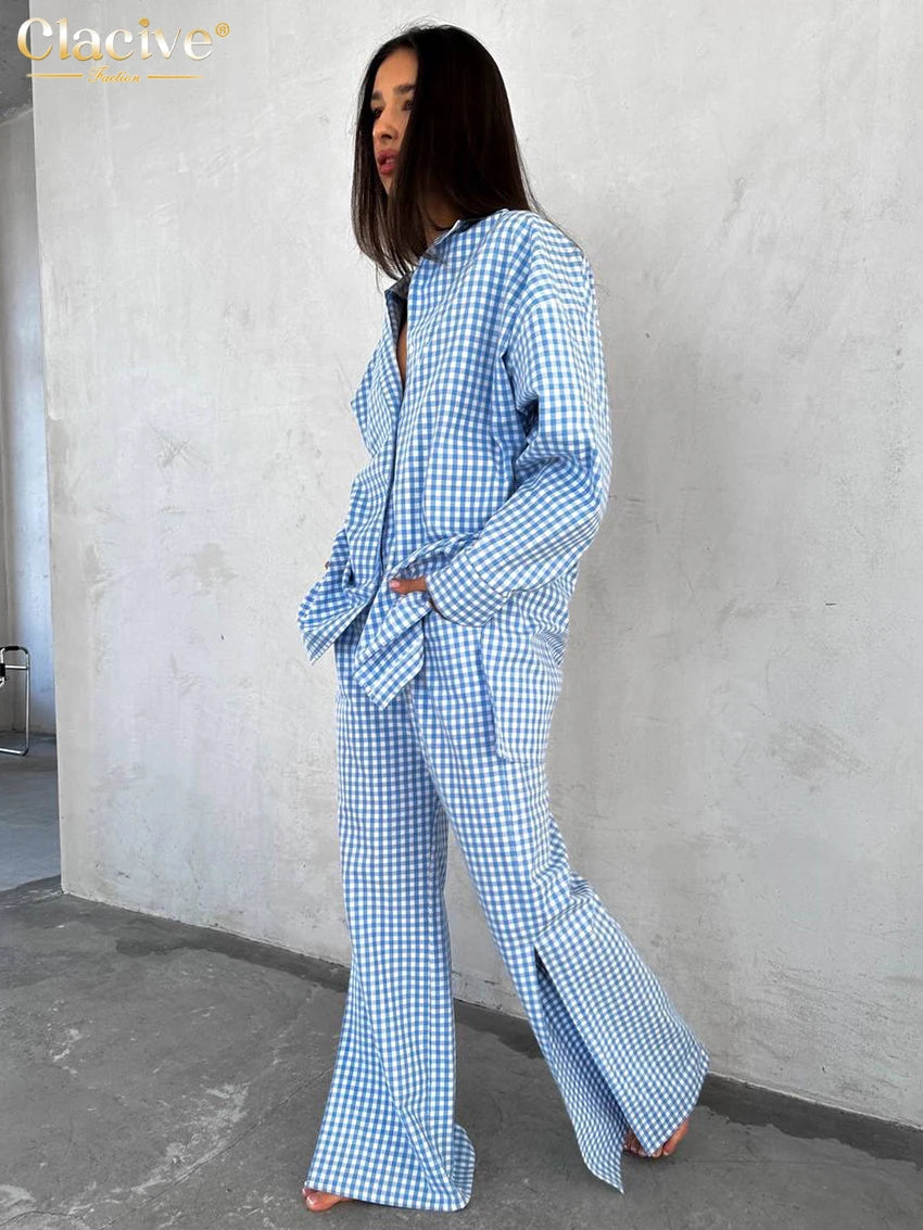 Clacive Fashion Loose Blue Stripe Cotton 2 Piece Sets Women Outfit Elegant Long Sleeve Shirt With High Waist Wide Pants Set