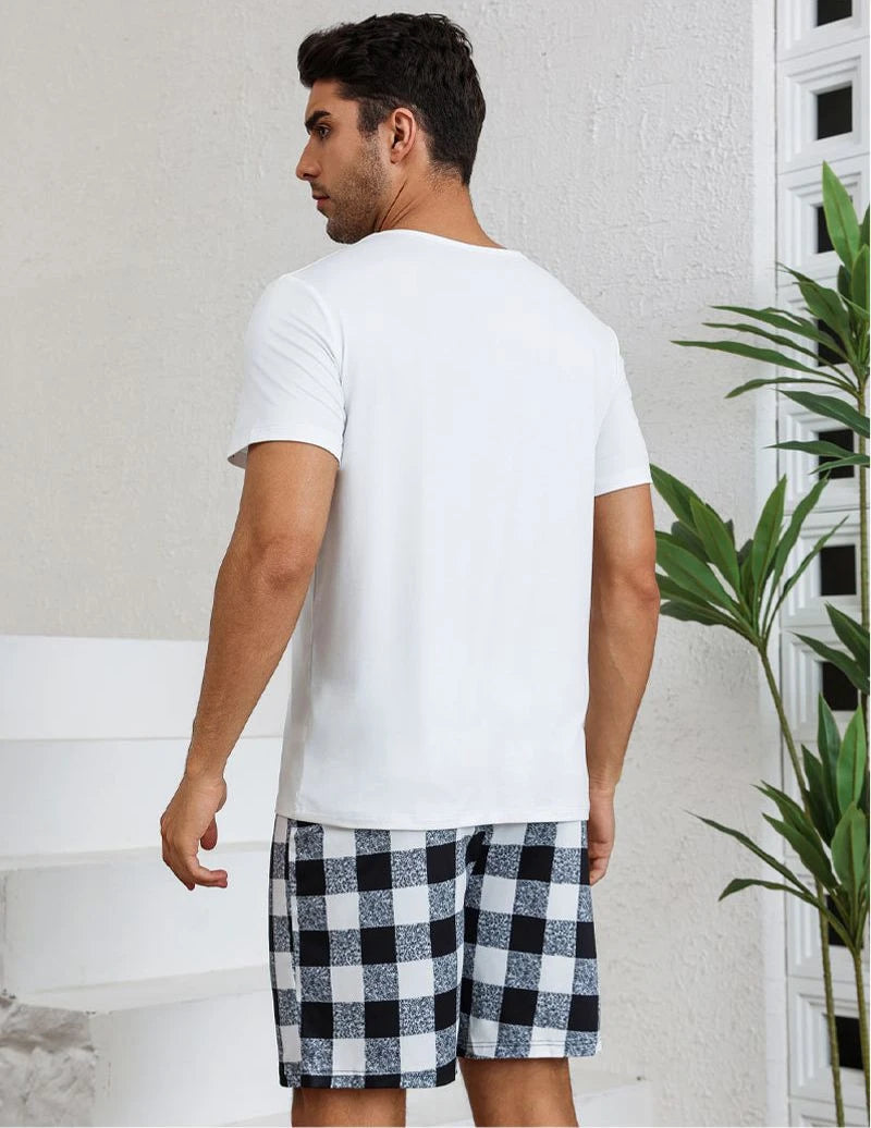 Men's Casual Plaid Print Pajama Set Short Sleeve Crew Neck Tee And Elastic Shorts Trendy Sleepwear Loungewear Summer Comfy Pjs