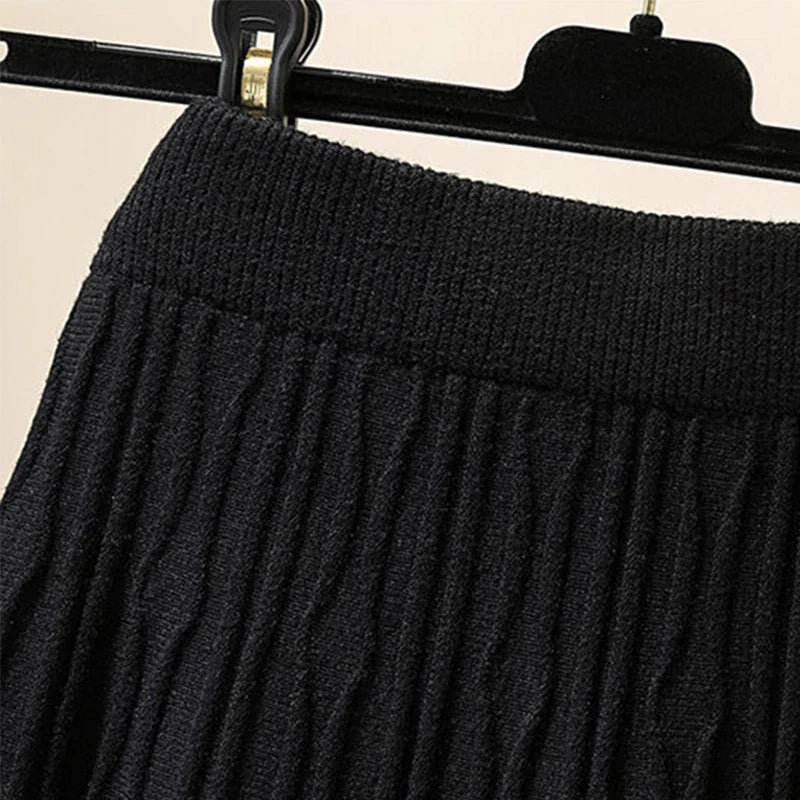 MEXZT Vintage Knitted Midi Skirts Women Black High Waist Sweater Skirt Winter Ladies Korean Slim All Match Chic A Line Faldas