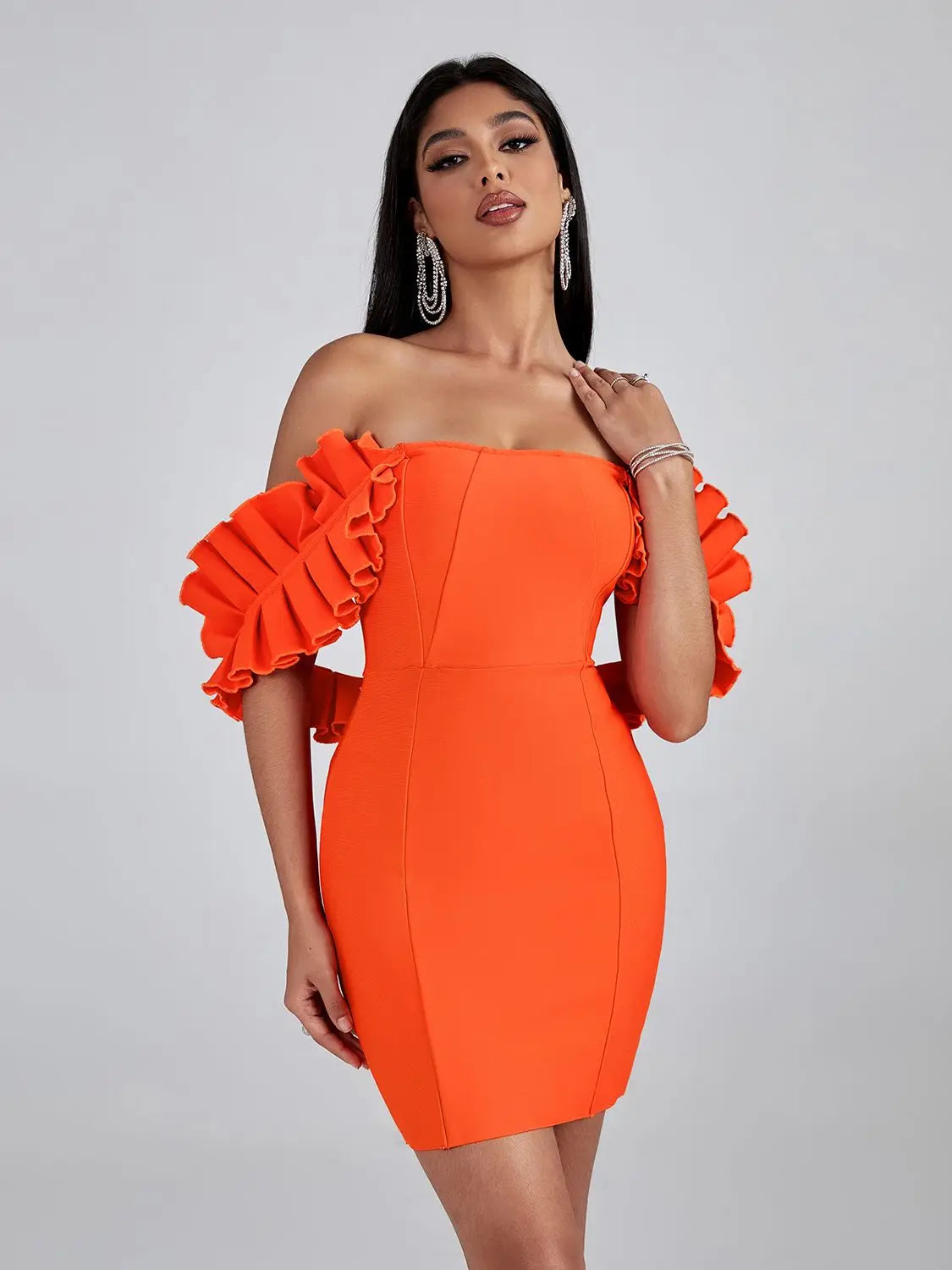 Orange Bandage Dress Women Mini Party Dress Bodycon Ruffle Elegant Sexy Off Shoulder Birthday Evening Club Outfits Summer